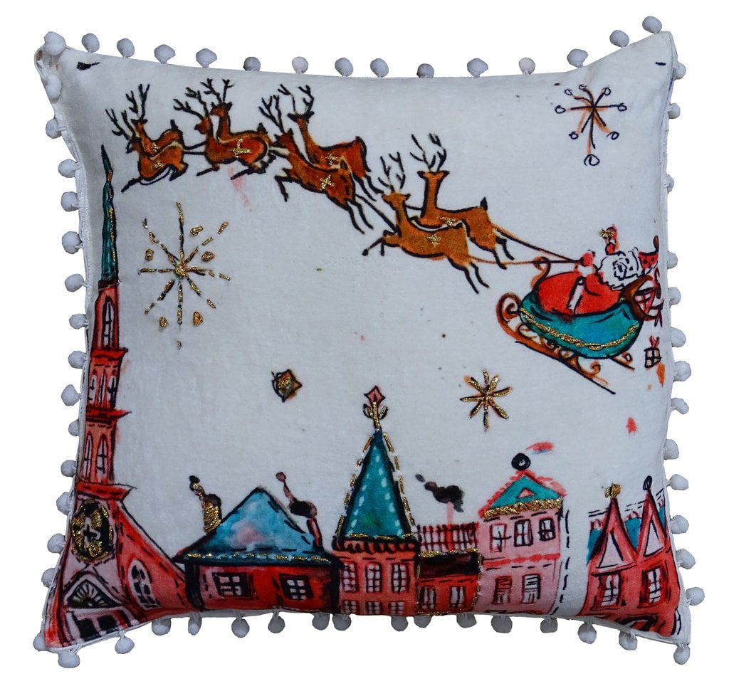 Embroidered Cotton Santa Ride Euro Throw Pillow Cover