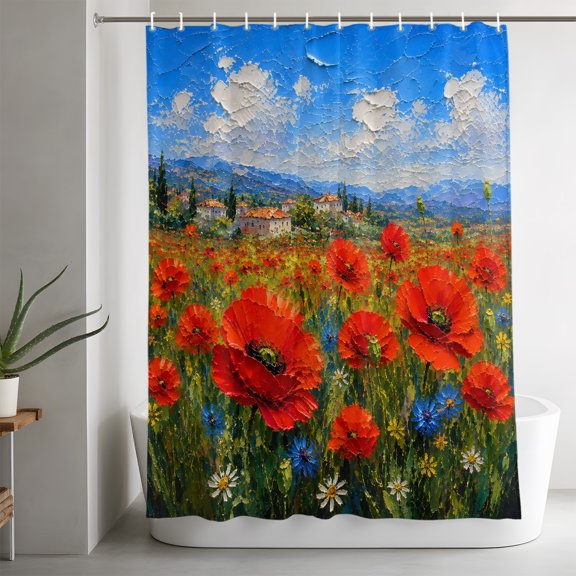 Shower Curtains for Bathroom-36"x72",Pastoral Red White Blue Flower Waterproof Bath Curtain Grommet Shower Curtain Set with Hooks,