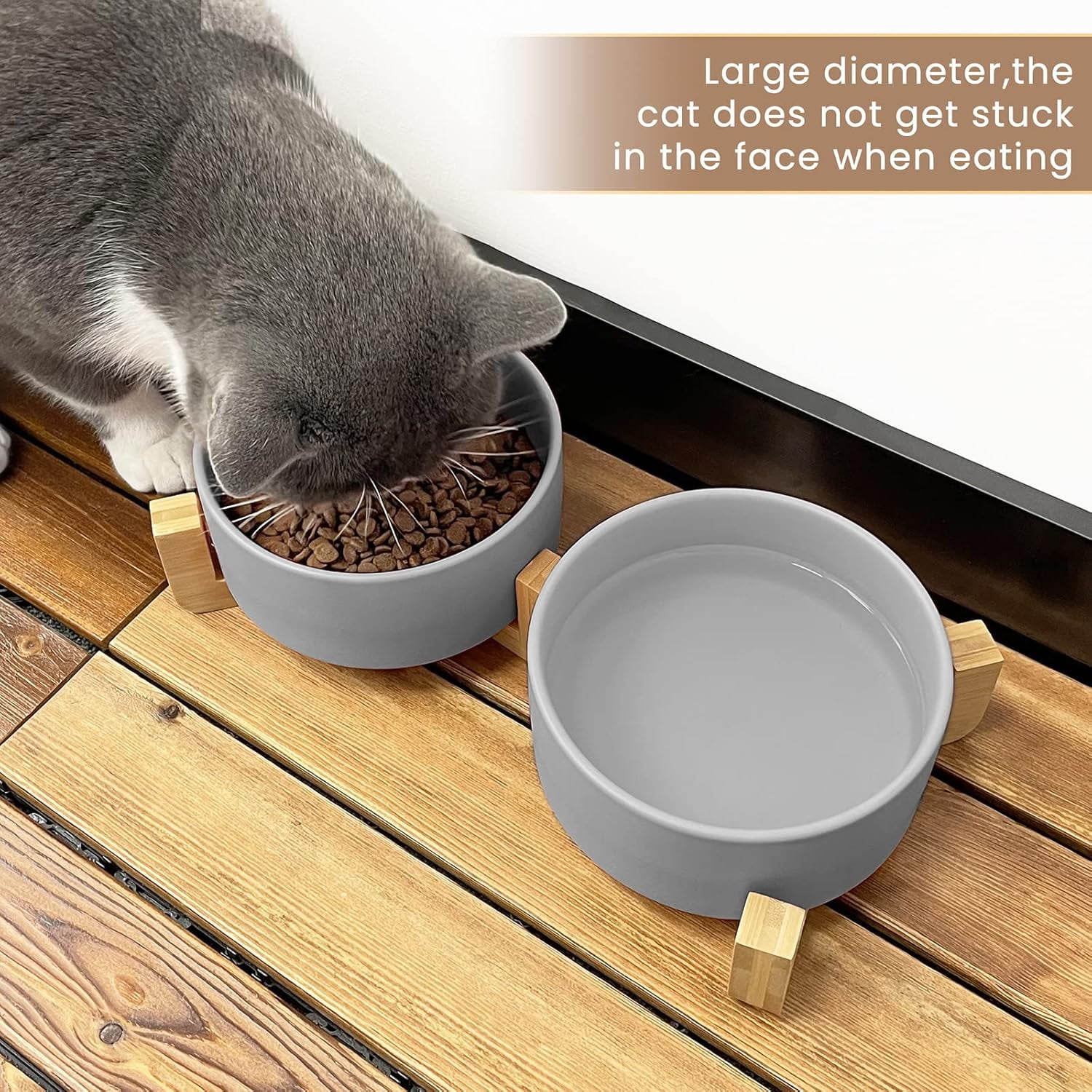 Ceramic Dog Bowls,Dog Bowl Set With Acacia Wood Stand - 13.5oz Ceramic Puppy Bowls For Small Dogs, Dual Food And Water Bowls With Weighted Non-Slip Base