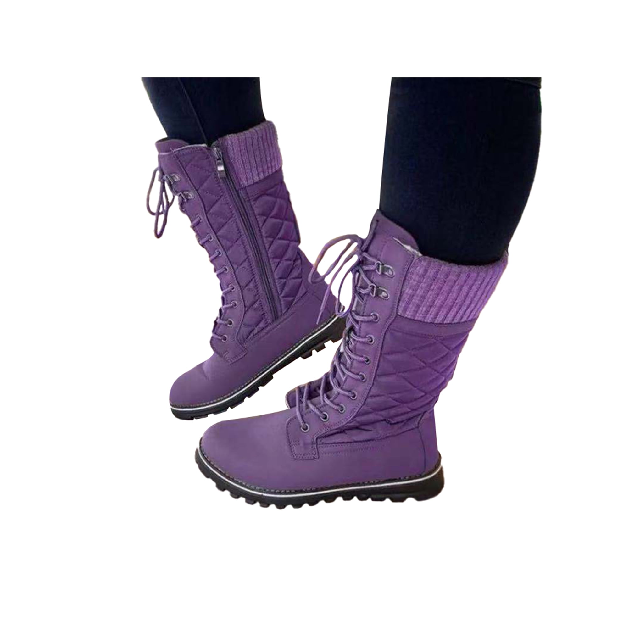UKAP Women Winter Boot Flat Mid Calf Boots Side Zipper Shoes Work Non slip Purple 8