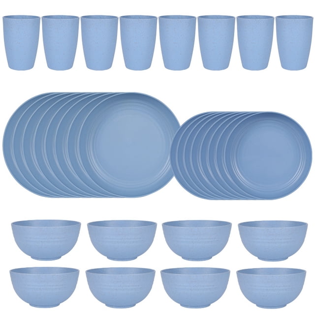 Nvzi 32pcs Wheat Straw Dinnerware Set,Plates and Bowls Set,Camping Dish Set for 8, Plastic Dinnerware Set,Dishwasher Safe Dinnerware Set,Blue