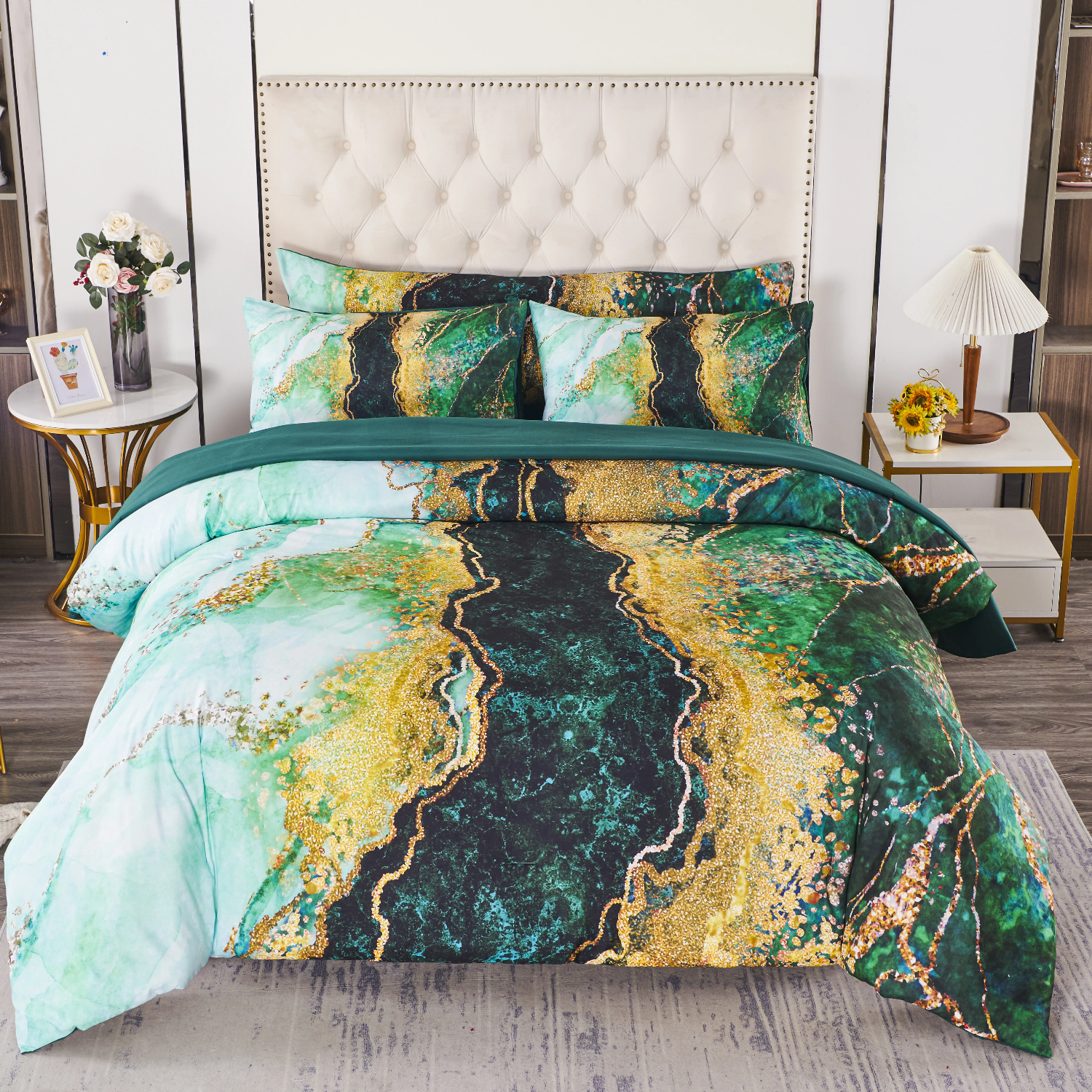 PERFEMET Full  Comforter Set-6 Pieces Green Marble Comforter Bedding Set Bed in a Bag with Sheets Pillow Cover for All Season(Green,Full)