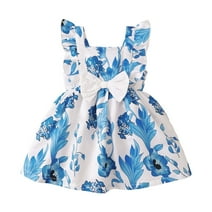 9 Months Infant Baby Girl Clothes 12 Months Infant Girls Summer Dress Sleeveless Dress Cute Bowknot Floral Dress Blue