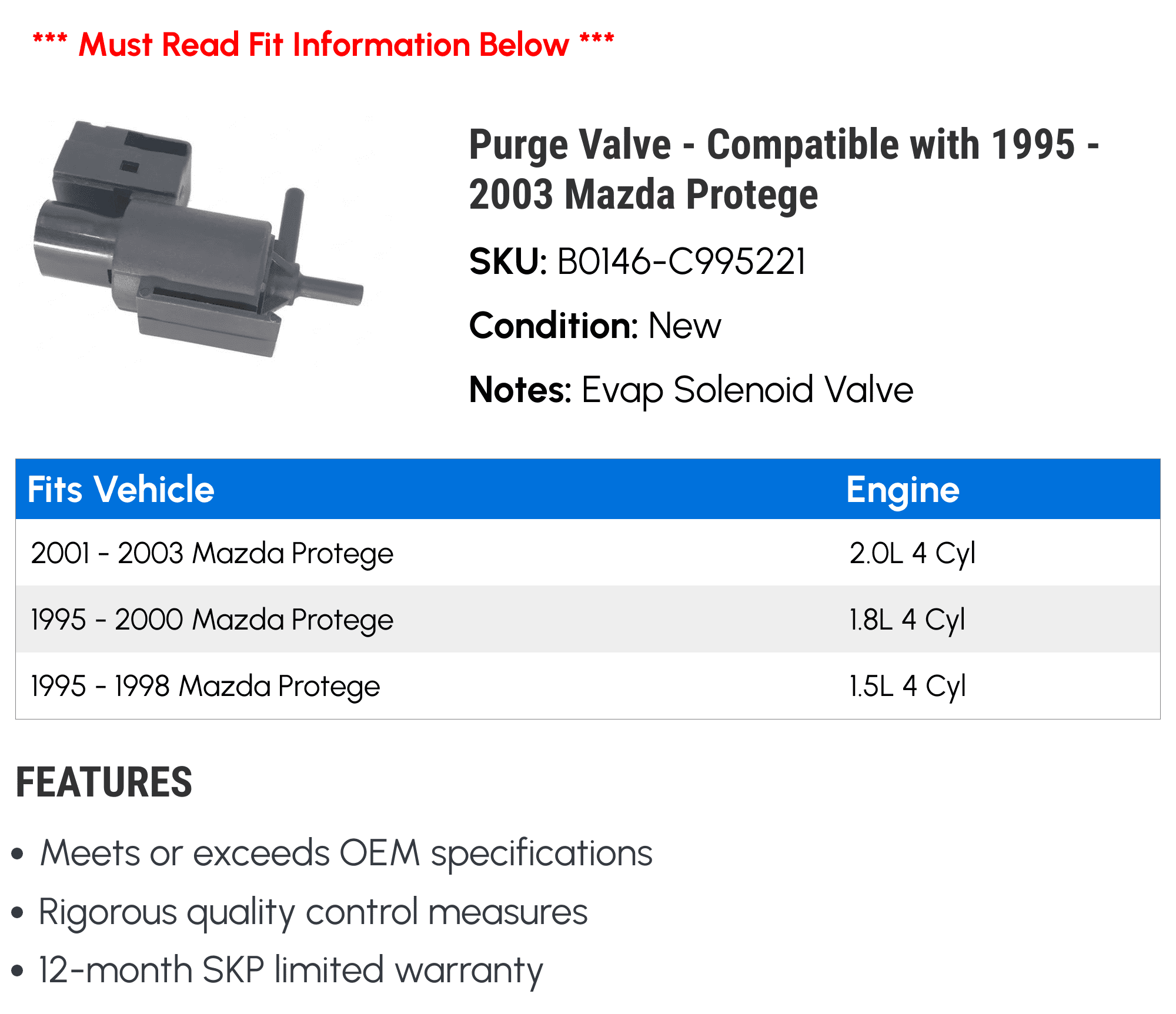 Purge Valve - Compatible with 1995 - 2003 Mazda Protege 1996 1997 1998 1999 2000 2001 2002