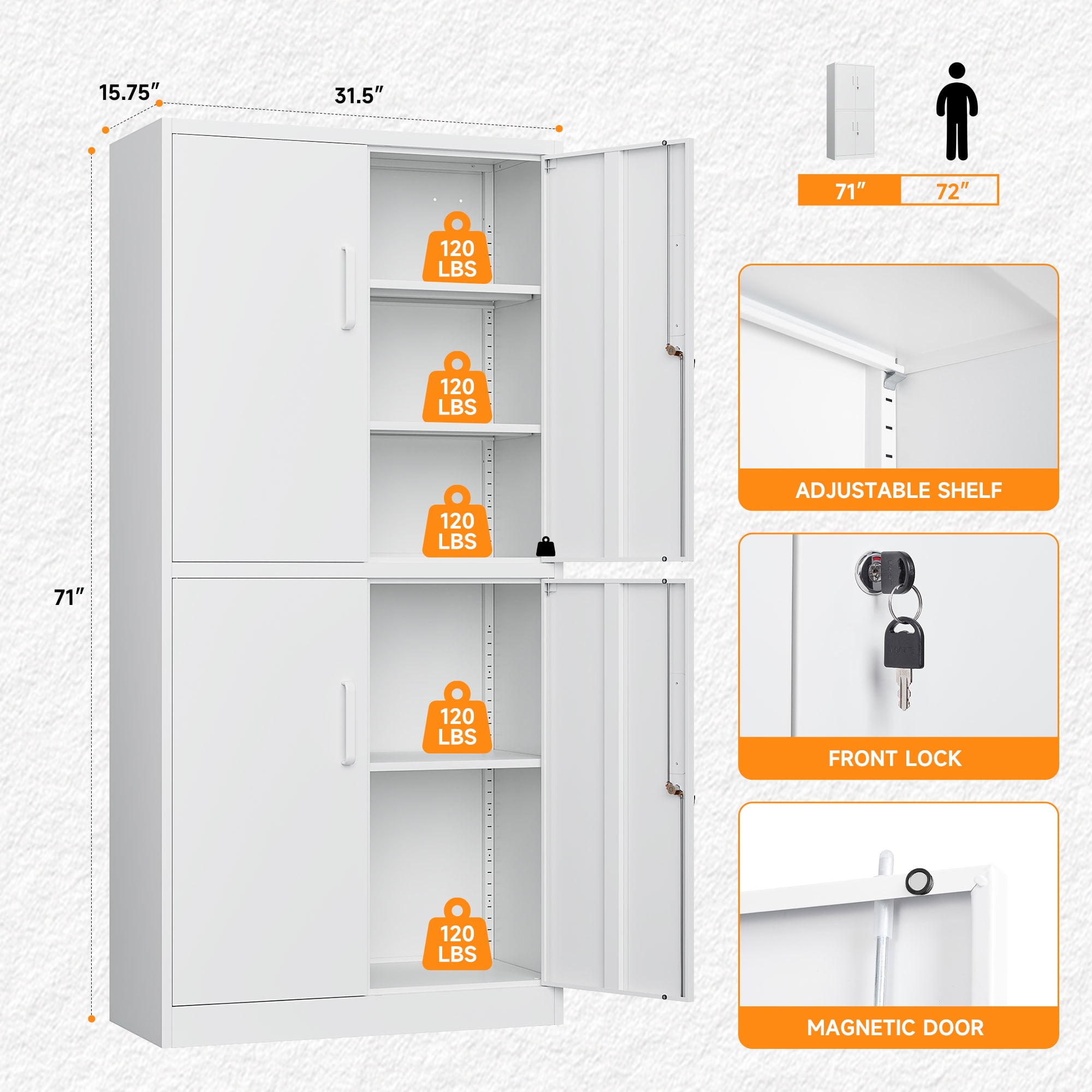 STANI Metal Storage Cabinet, White Garage Tools Utility Cabinet,4 Doors & 3 Adjustable Shelves, Steel Locker with Lockable Door for Office, Home, Pantry