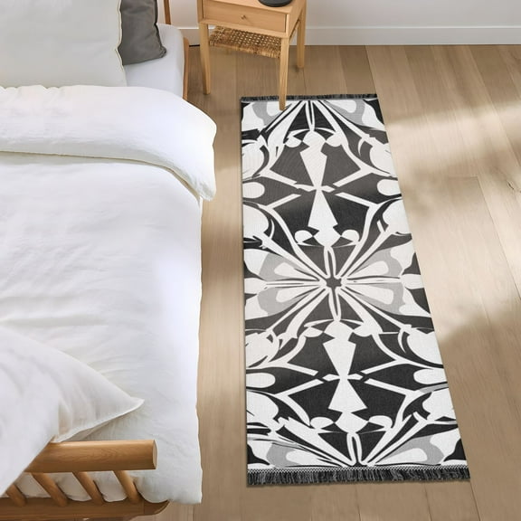 Black and White Flowers Art Pattern Bedroom Runner Rug 2'x 6' Non Slip Carpet Indoor Home Area Rug Living Room