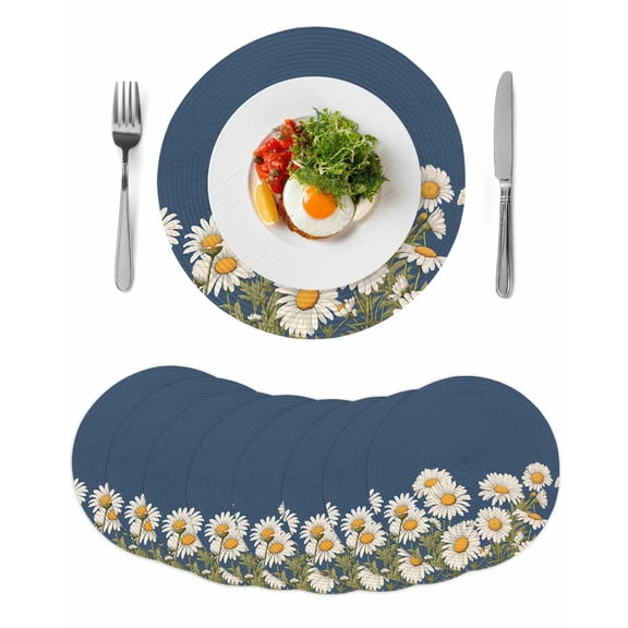 Daisy Round 15 Inch Placemats Set of 8, Spring Floral Summer Botanical Elegant Navy Blue HeatResistant Non Slip Place Mats for Dining Table, Wipeable Braided Kitchen Table Mats for Housewarming