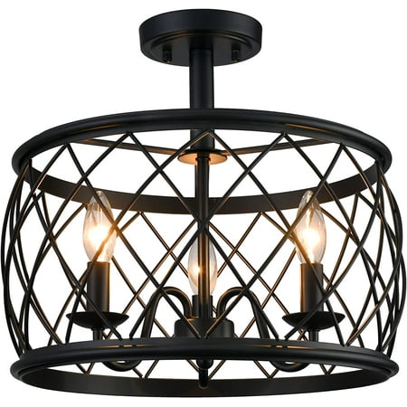 

MANXING Farmhouse 3-Light Drum Semi Flush Mount Ceiling Light Metal Shade Black