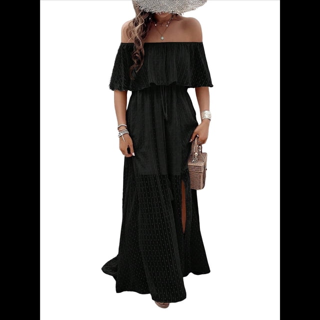 Vestido Informal de Lunares con Hombros Descubiertos para Mujer, con Volantes, Corsé, Borlas y Cintura Alta, con Abertura y Abertura, Color Liso Negro L