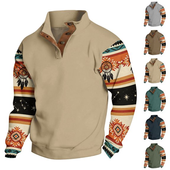 CCRFTGI Sweatshirts for men Pullover Casual Ethnic Athletic Long Sleeve Button Stand Collar Sweatshirt Light Green S