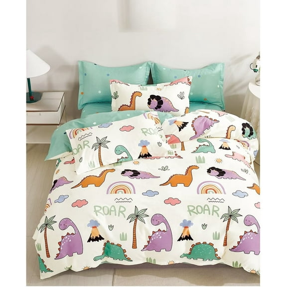 100% Cotton Fitted Sheet Set 3Pcs Twin Bedding Set 1 Fitted Sheet 1 Flat Sheet 1 Pillowcase Cartoon Dinosaur Soft Breathable