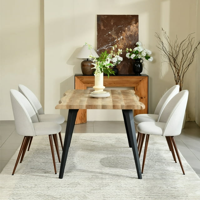 Homy Casa 5-Piece Dining Set, Walnut Wooden Kitchen Table with 4 Upholstered High-Back Beige Fabric Dining Chairs, Contemporary Live Edge Design