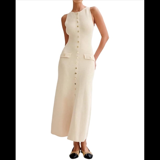 Vestido de Punto de Verano para Mujer, Sin Mangas, con Botonadura Sencilla, Cuello Redondo y Abertura, Ajustado Al Cuerpo. Albaricoque M