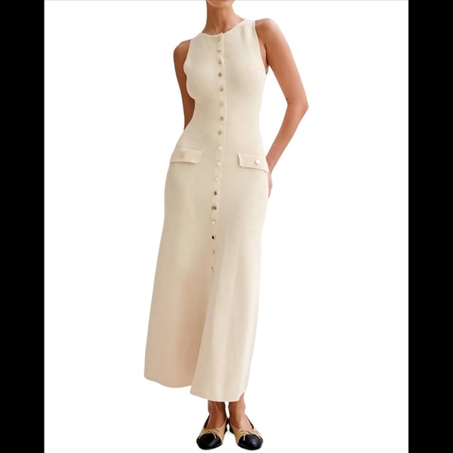 Vestido de Punto de Verano para Mujer, Sin Mangas, con Botonadura Sencilla, Cuello Redondo y Abertura, Ajustado Al Cuerpo. Albaricoque M