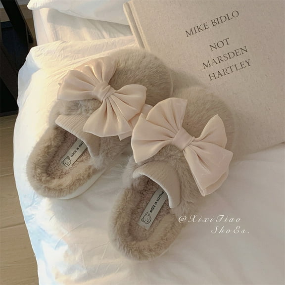 Cute bow plush warm cotton shoes indoor home leisure comfortable winter cotton slippers women (brown,38-39)