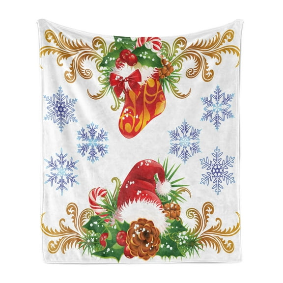 Christmas Soft Flannel Fleece Throw Blanket, Classical Traditional Design Stocking Santa Claus Hat Mistletoe Snowflakes, Cozy Plush for Indoor and Outdoor Use, 70" x 90", Multicolor, by Ambesonne