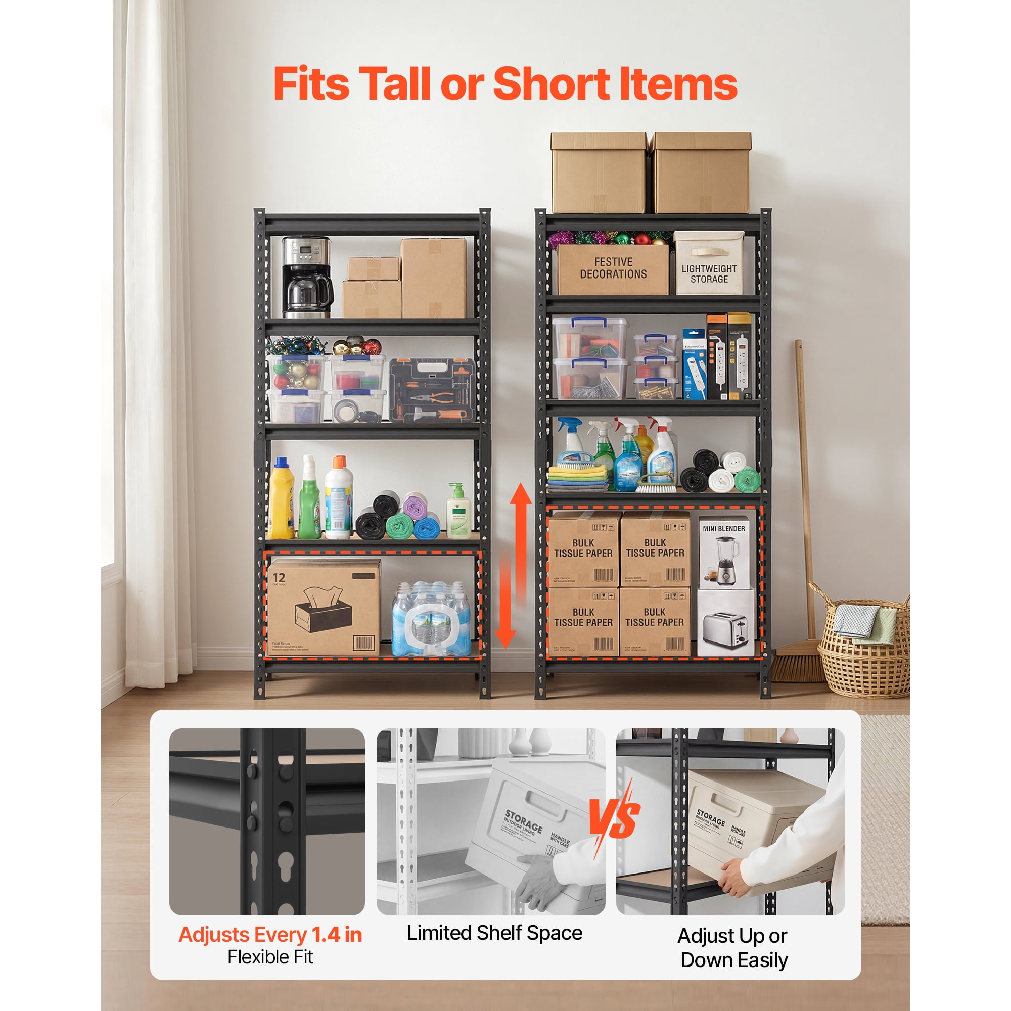KFFKFF 5-Tier Adjustable Storage Shelves, 2000 lbs Capacity, Heavy Duty Metal Rack for Garage, Kitchen, Basement, or Bathroom, 29.88" W x 12.17" D x 59.84" H