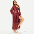 thumbnail image 4 of Women Sexy Satin Lace Embroidery Long Sleeve Long Robe With Belt, 4 of 5