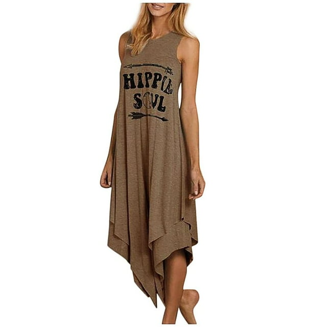 Robe Longue d'Été Décontractée Hippie pour Femmes avec Imprimé Lettre Soul, Sans Manches, Plissée Irrégulière, Ample, Double Couche, Grande Taille