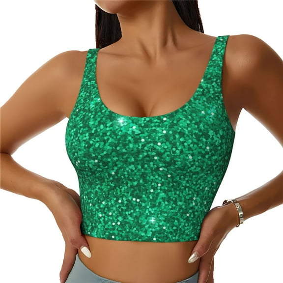 Sports Bras for Women High Support -Emerald Glitter Sparkles Soft Athletic Crop Workout Tank Top for Women