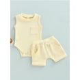 thumbnail image 2 of Genuiskids 2Pcs Summer Newborn Baby Girl Boy Romper Outfits Infant Boho Tank Onesie Sleeveless Solid Color Waffle Knit Bodysuit + Shorts Set, 2 of 9
