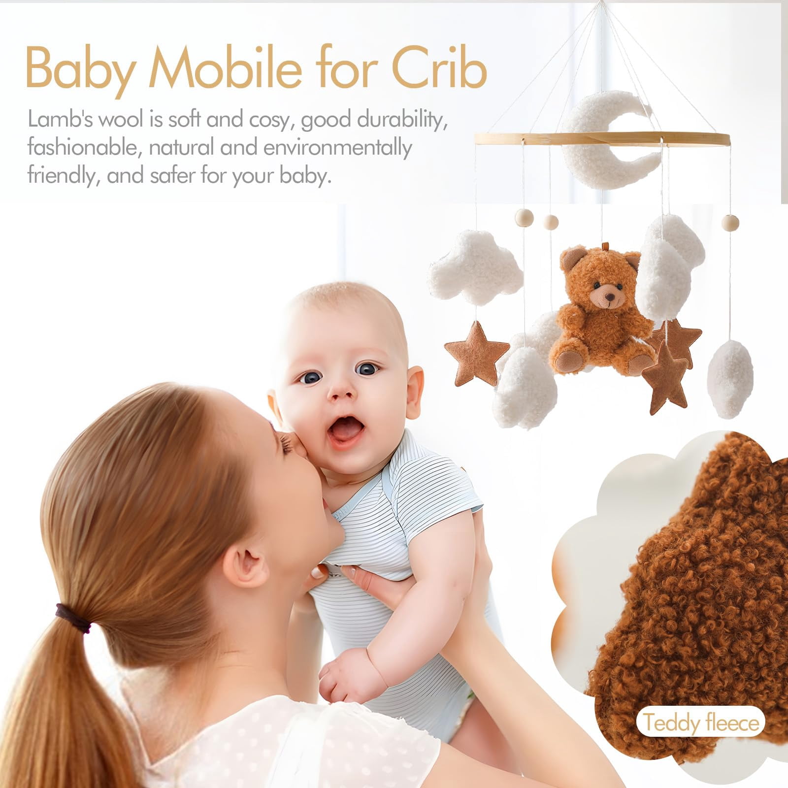 HYPERLIVING Baby Crib Mobile Bear Nursery Mobile for Boys Girls Teddy Velvet Mobile Nursery Decor for Infant Bedroom Hanging Baby Mobile for Bassinet Newborn Baby Gift（Brown Bear）