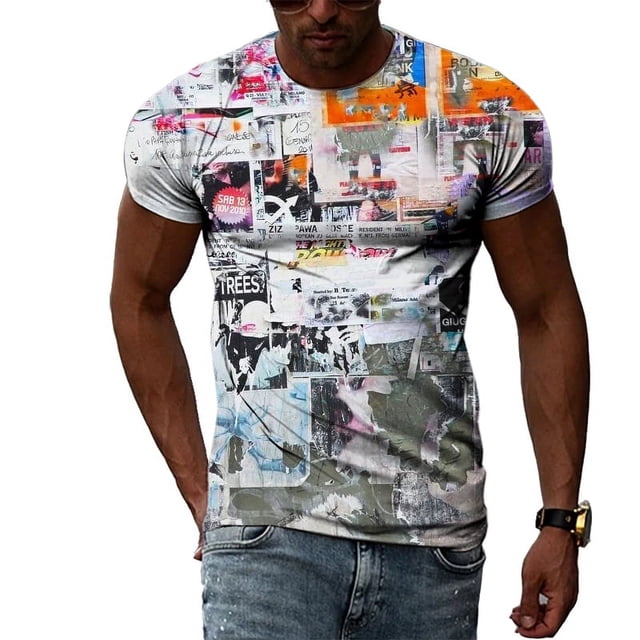 Mode Été Hip Hop Personnalité Graffiti T-shirt Homme Intéressant Harajuku Décontracté Impression 3D Manches Courtes Col Rond Tees Tops