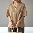 thumbnail image 4 of Summer Loose Fitting Short Sleeve V-Neck Women T Shirt Casual SolidKhakiL, 4 of 5