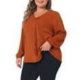 thumbnail image 4 of Agnes Orinda Women's Plus Size Work Office Pleated Dreesy Casual Long Sleeve V Neck Blouses 1X Caramel, 4 of 6