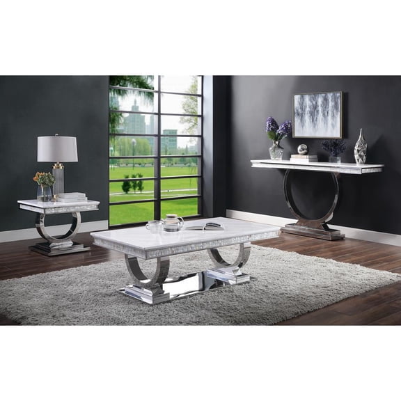 Acme Zander Coffee Table White Engineered Marble & Mirrored Silver