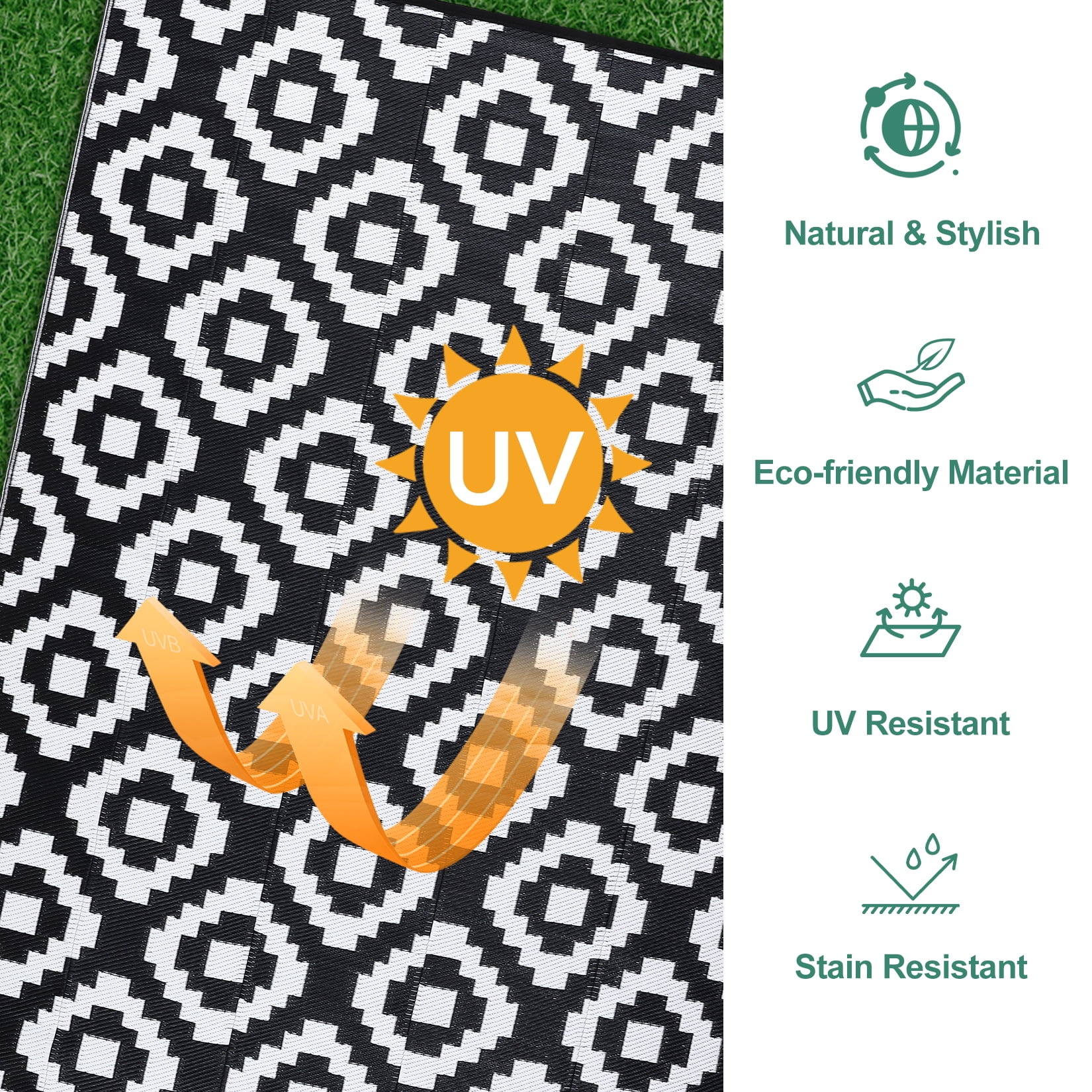 Twister.CK 9x18' Waterproof Outdoor Rug, Reversible Plastic Patio Rugs with Storage Bag, Portable Modern Indoor Outdoor Carpet for Camping, Balcony Deck Backyard, Black & White