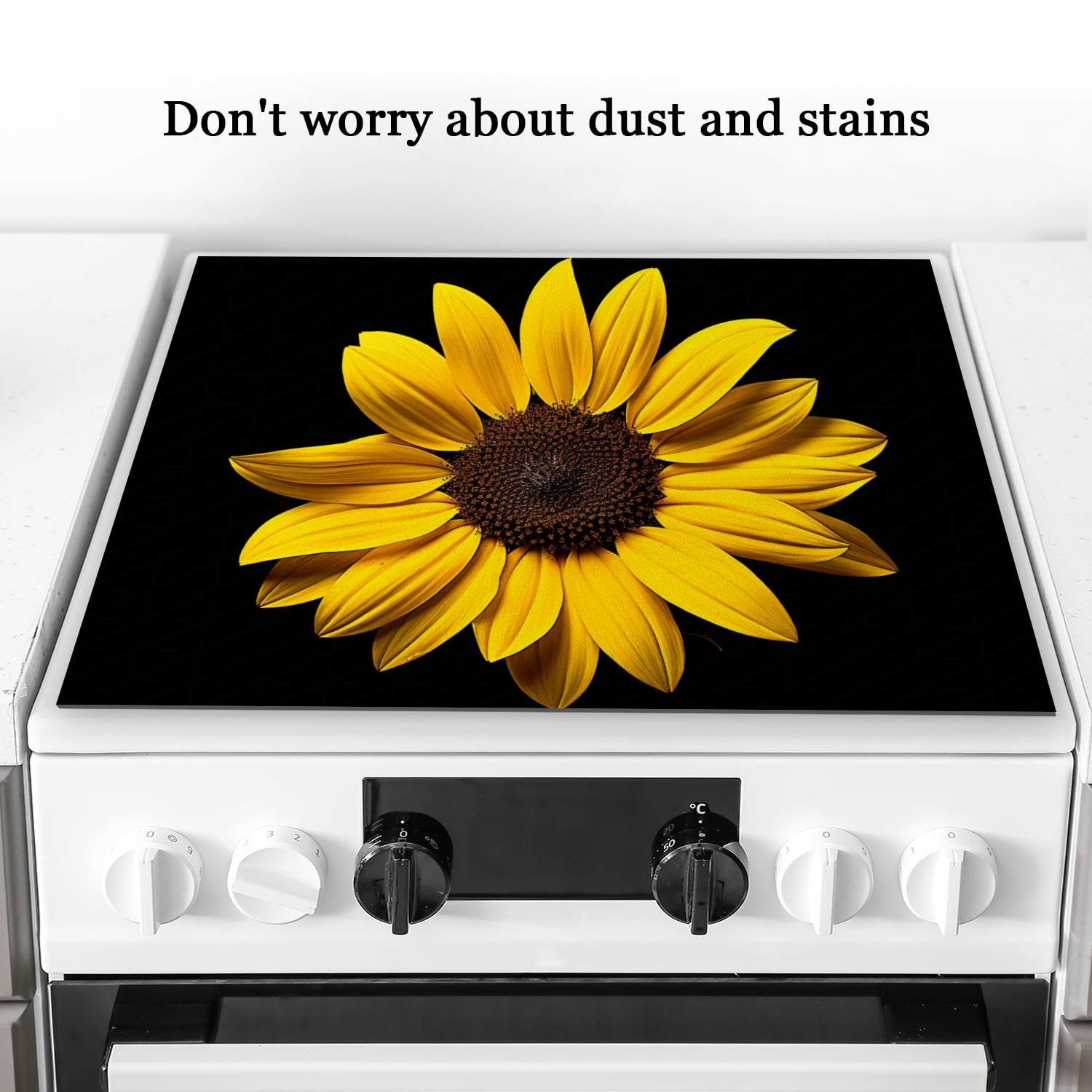 Stovetop Cover for Electric Stove, Sunflower on Black Background Square Glasstop Stove Covers, Oilproof Waterproof Modern Decoration Mat For Kitchen RV (28×20 Inch)