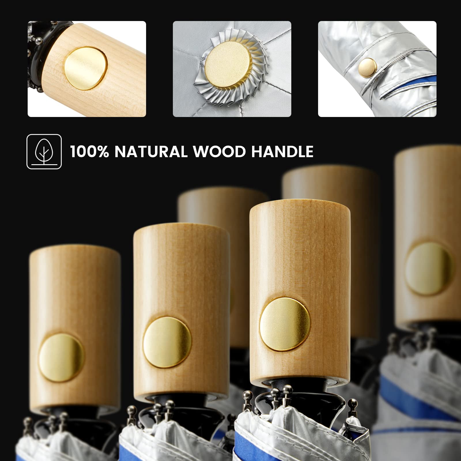 G4Free UPF 50+ UV Protection Travel Umbrella with Wooden Handle, 42 Inch Lightweight Sun Rain Folding Umbrellas Auto Open Close