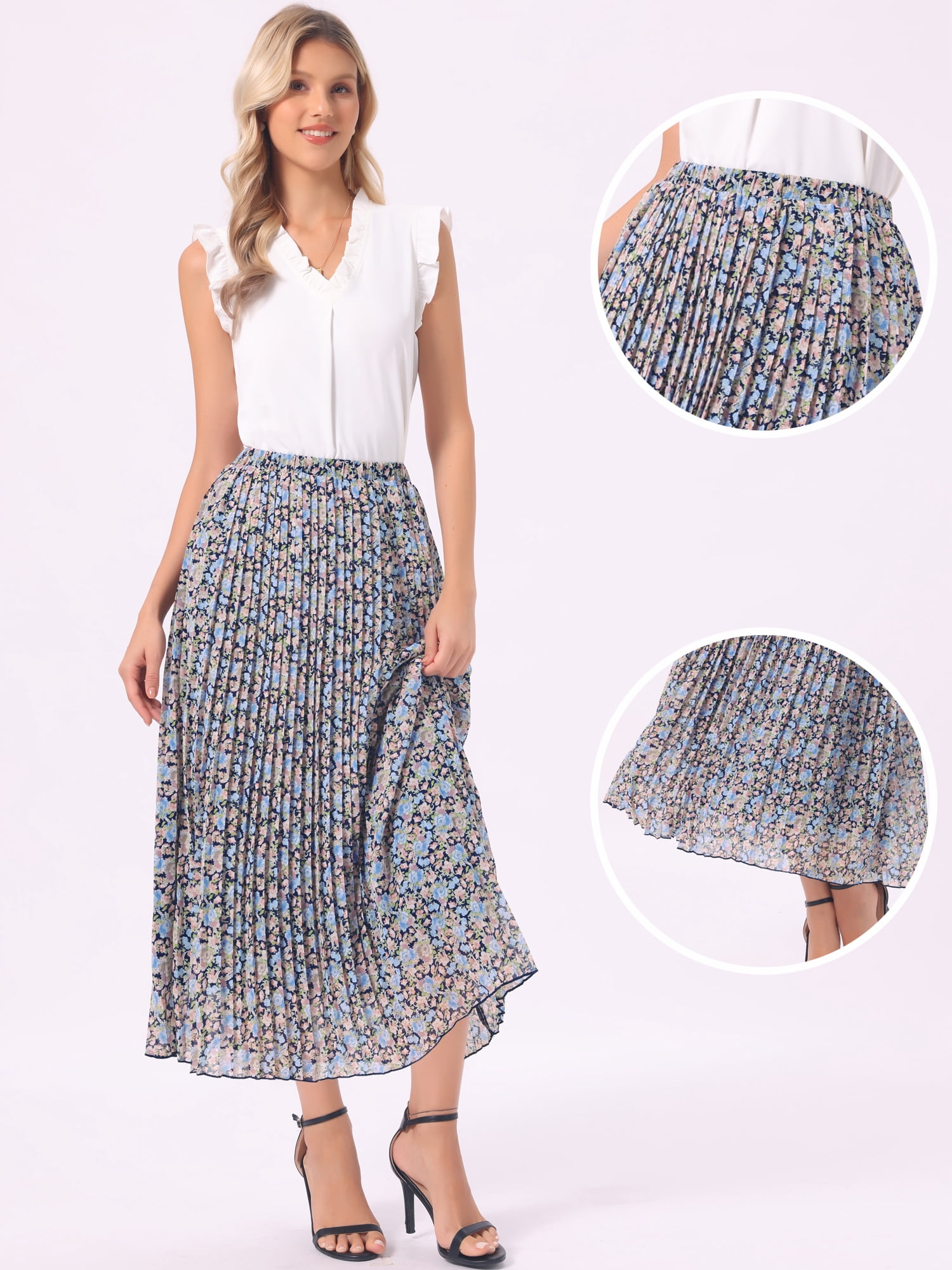 DARING DIVA Women's A-Line Elastic Boho Summer Floral Print Midi Skirts S Dark Blue