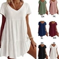 thumbnail image 3 of GENEMA Women Short Sleeve V-Neck A-Line Ruffle Hem Swing Tunic Mini Dress Solid Color, 3 of 19