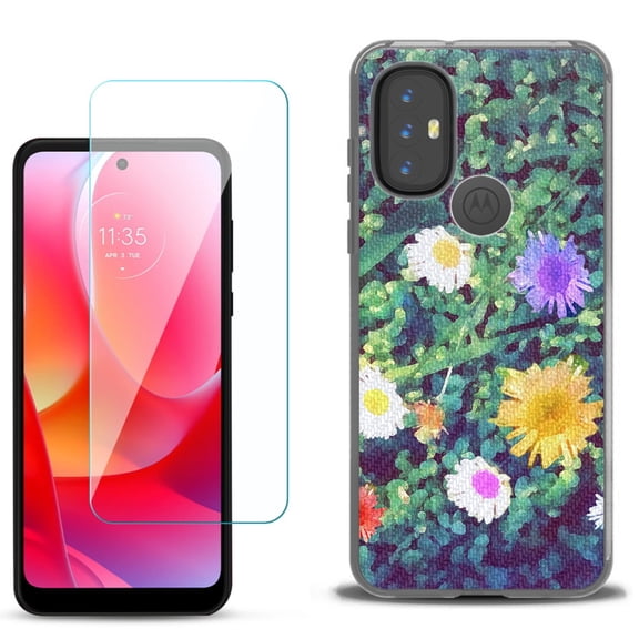 Slim-Fit Gel TPU Phone Case for Motorola Moto G Power 2022, with Tempered Glass Screen Protector, by OneToughShield ® - Daisy Paint