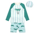 thumbnail image 2 of CUZIBR Toddler 3 Piece Swimsuits Rash Guard Raglan Sleeve Striped Cute Cartoon Pattern Long Sleeve Shirts Tops And Elastic Waist Shorts Trunks Swimwear Outfits Bathing Suit,Green,2-3 Years, 2 of 4