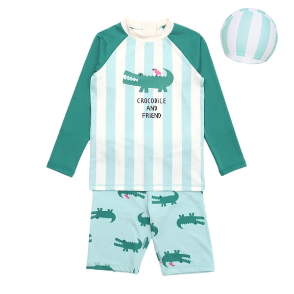 Tisuna Boys Swimsuit Child Cartoon Print Long Sleeve Crew Neck Swim Shirt And Trunks Set Little Kids Youth Swimming Pool Beachwear Green Size 6-7 Years