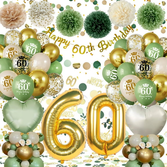 60th Birthday Decorations for Her Him, Sage Green 60th Birthday Party Decorations with Balloons Banner Paper Pompoms for Women Men