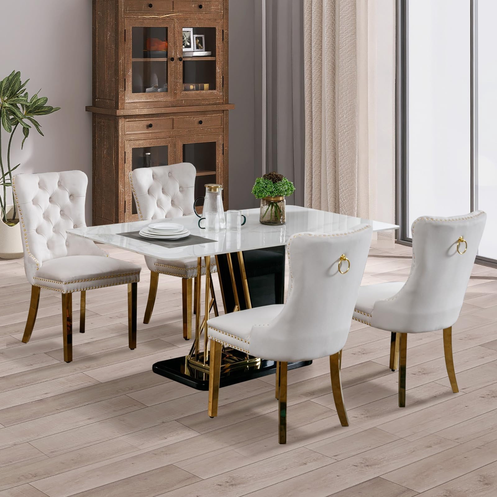 JESTOP Velvet Dining Chair Set of 4, Upholstered Tufted Dining Room Chair with Nailhead Trim, Solid Gold Plated Leg for Kitchen (Beige)