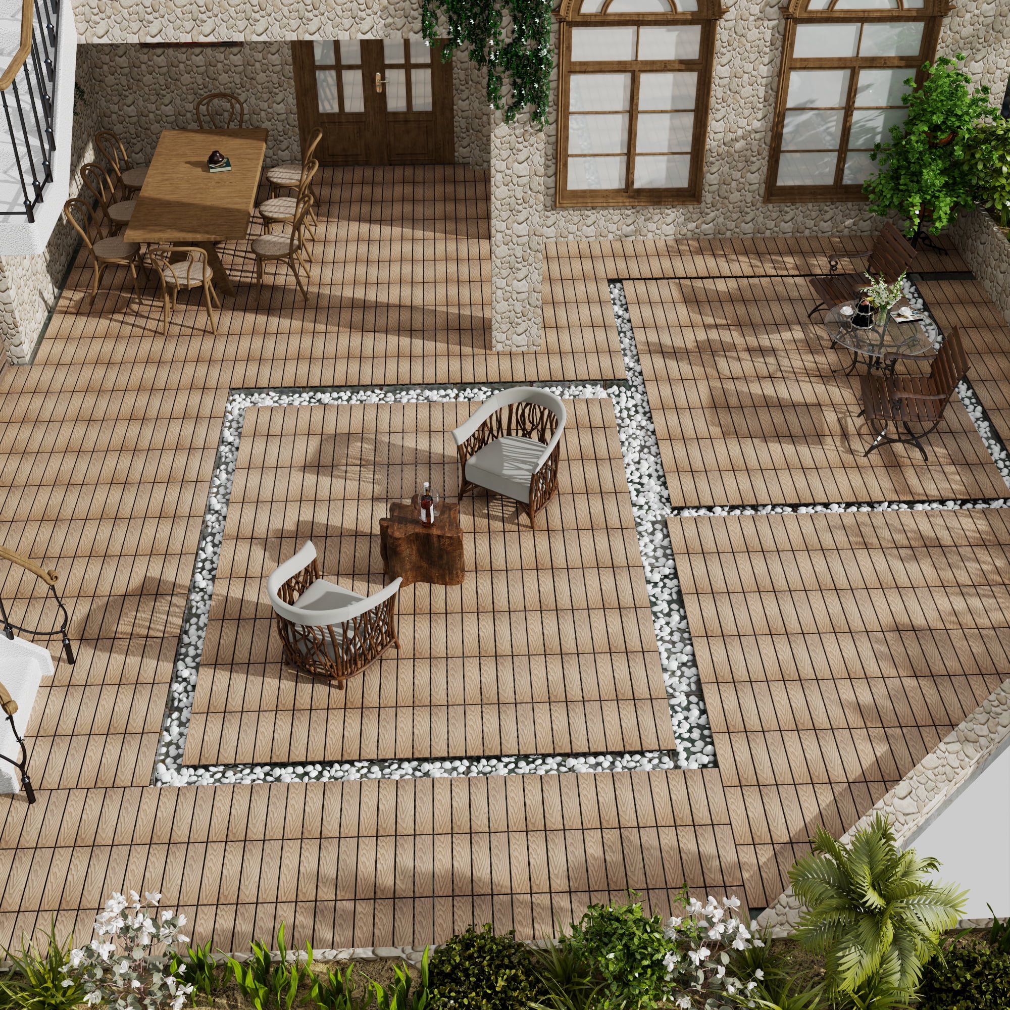 Miniyam 11 Pcs Interlocking Deck Tiles, 12" x 12", Wood-Plastic, for Outdoor Balcony Garden, Teak