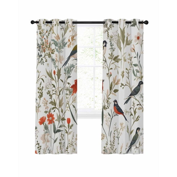 Pastoral Botanical Blackout Curtains, Light Blocking Print Window Curtains, Summer Birds Spring Floral Thermal Insulated Window Drapes for Living Room Kitchen Cafe 2 Panels, 84"W x 63"L