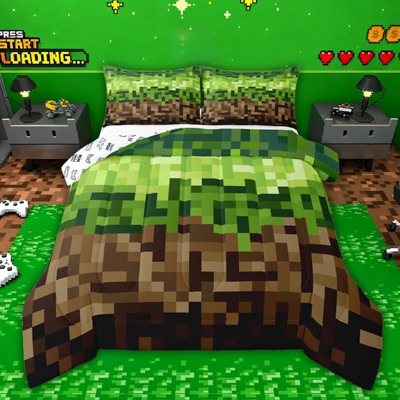 Castle Fairy Pixelated Blocks Miners Twin Comforter Sets,Plaid Video Game Bedding Set