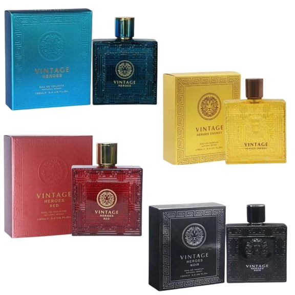 Vintage Heroes Collection for Men – Set of 4 Eau de Toilette Sprays (Energy, Blue, Red & Noir) – 3.4 FL Oz | 100 ml Each – Long-Lasting Bold & Fresh Fragrance Gift Set
