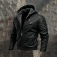 thumbnail image 4 of yuCgh Men's Casual Fashion Solid Color Leather Jacket with Zipper Hood, Stylish Biker Jacket for Everyday Use,Black L, 4 of 5