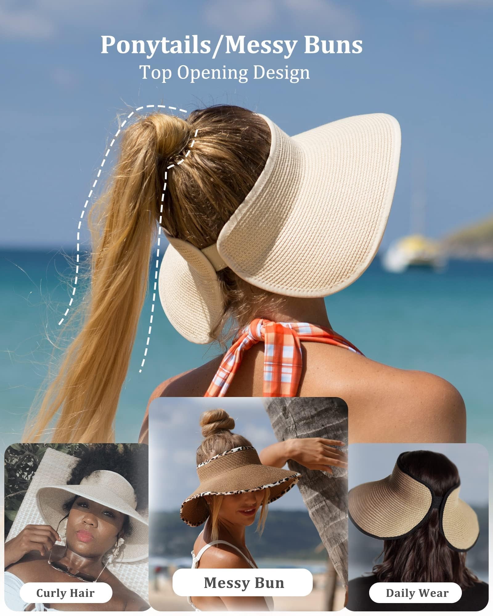 Vineyard Vines Packable Paper Straw Roll-Up Sun Visor Hat Womens Ponytail Wide Sun N Sand Paper Braid Rollup Visor HH2352 main image 3