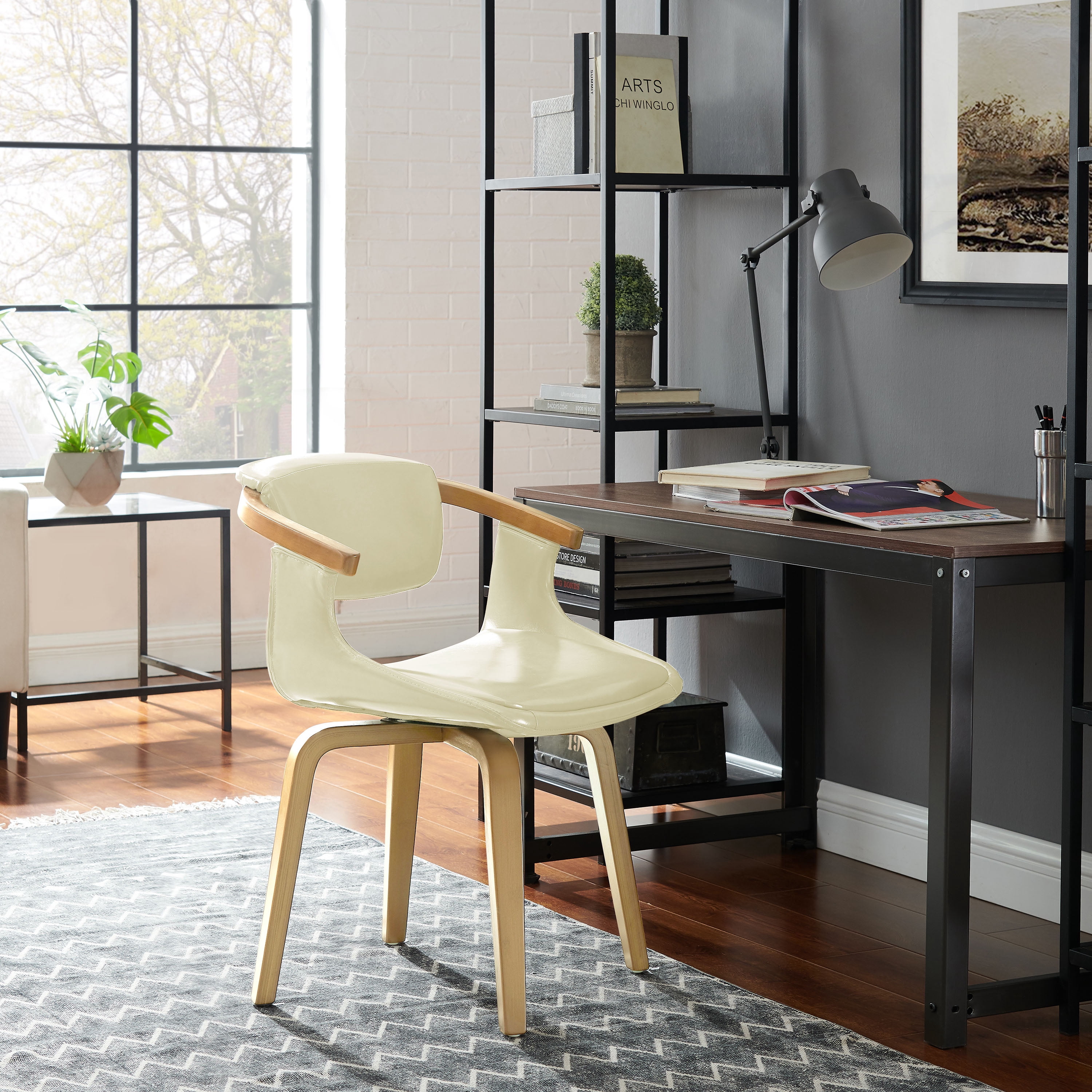 Art Leon Office Chair, Faux Leather Swivel Desk Chair with Wood Legs, Off-white