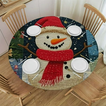 

Sheronv Snowman Round Table Cover Stain Resistant Washable Indoor Outdoor Tablecloth Kitchen Dining Wedding Parties 100% Polyester Waterproof Fabric Christmas Elastic Edge 46 -50