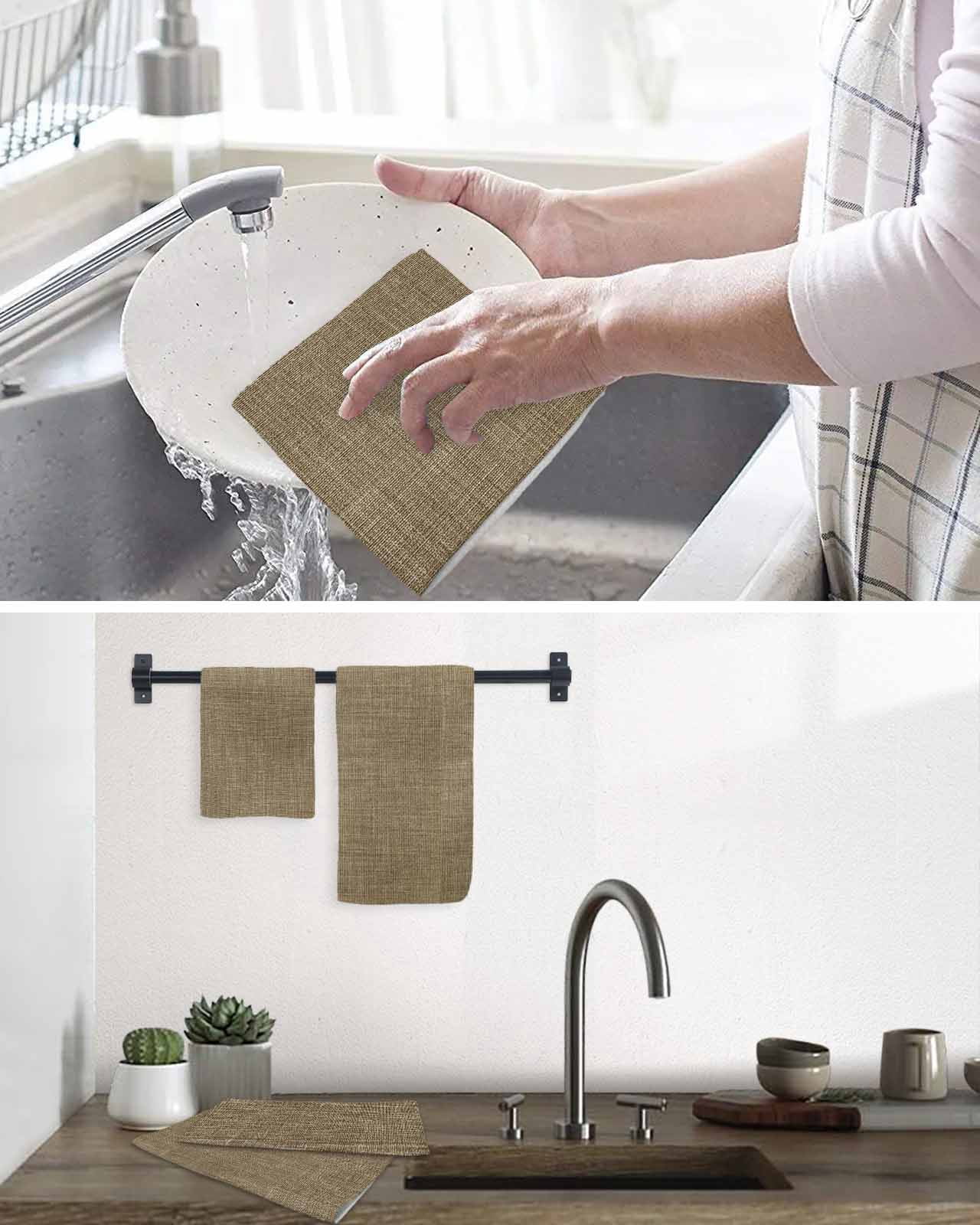 Vintage Brown Kitchen Dish Towels for Drying Dishes Set of 3, Farmhouse Retro Dark Solid Color Linen Texture Waffle Weave Microfiber Hand Tea Bathroom Towels Quick Dry & Absorbent Towel 15.7x23.6