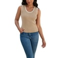 thumbnail image 2 of ATHLECHIC Camisetas de punto acanalado para mujer, con bloque de color, ajustadas, de cuello redondo, chalecos de verano casuales L color caqui y blanco, 2 of 5